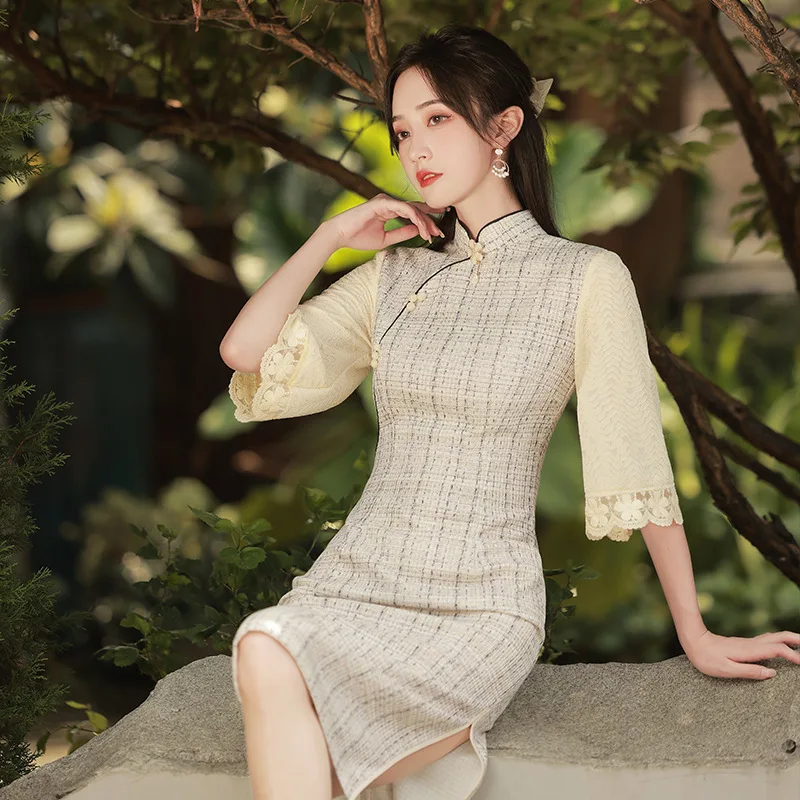 

Autumn Winter New Inverted Big Sleeve Stitching Knitted Jacquard Bright Silk Cheongsam Retro Improved Qipao Girl Young Style