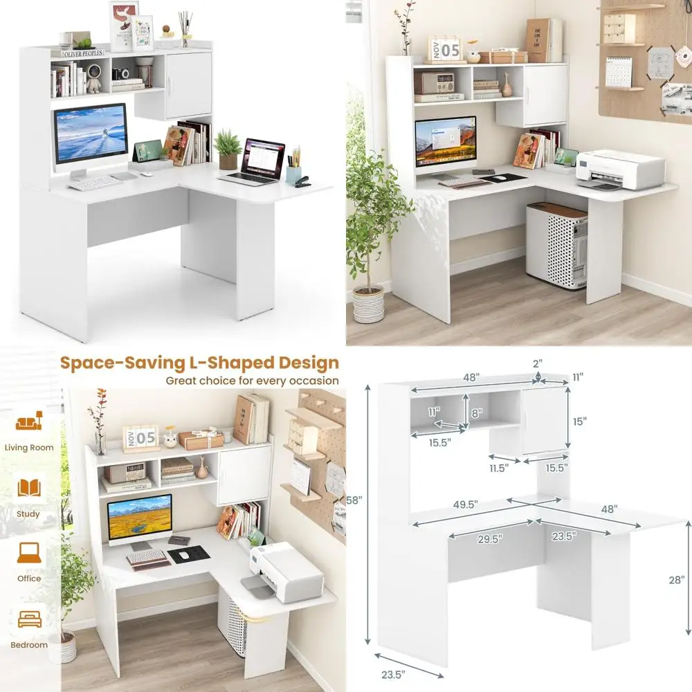 مكتب زاوية بيضاء مزود بخزانة، ومكتب تخزين على شكل حرف L وخزانة، ومحطة عمل كمبيوتر محمول وألعاب #1