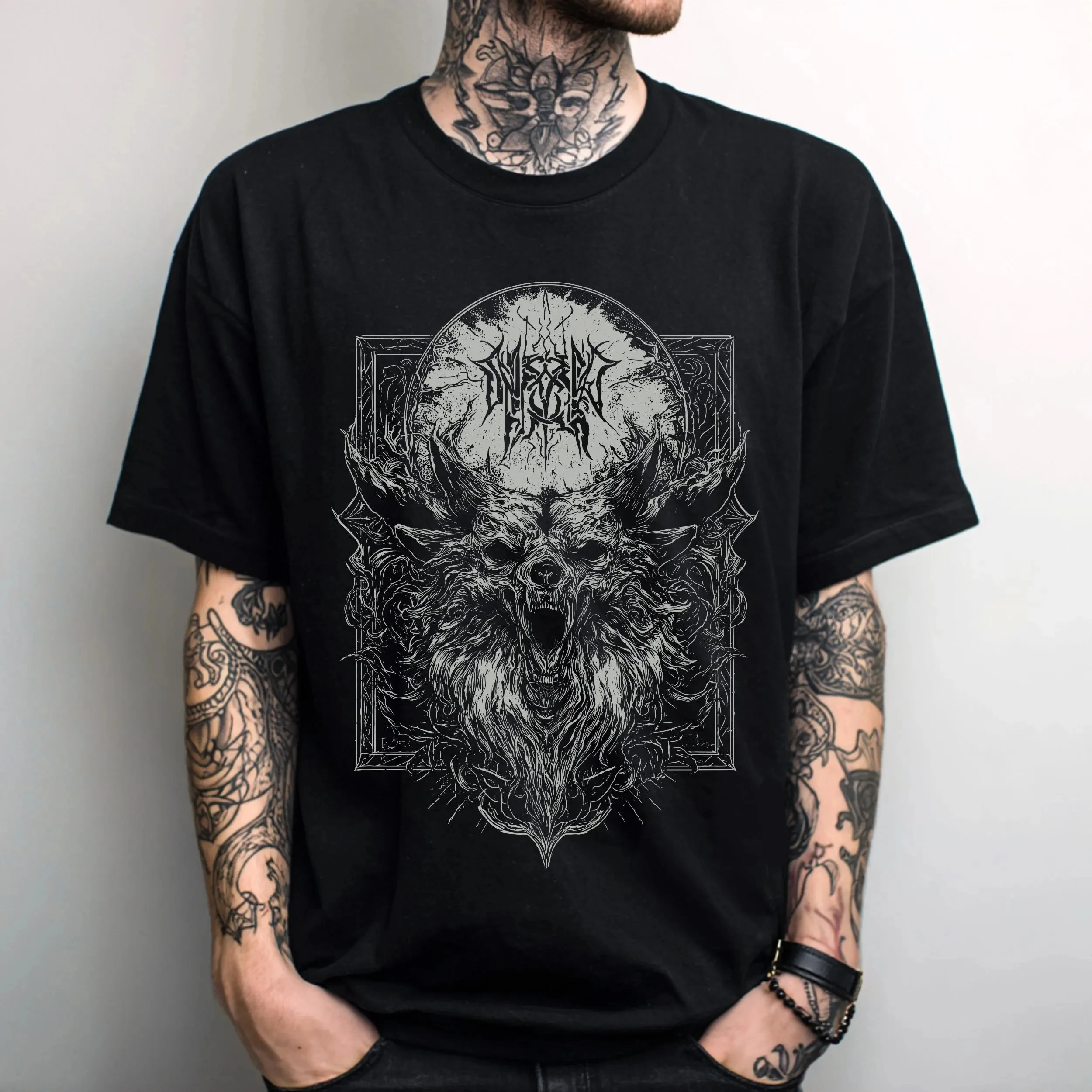 Unisex Dark Forest Tee – Horned Beast & Sigil Graphic – Oversized Gothic Metal Aesthetic – Tattoo Lover Streetwear