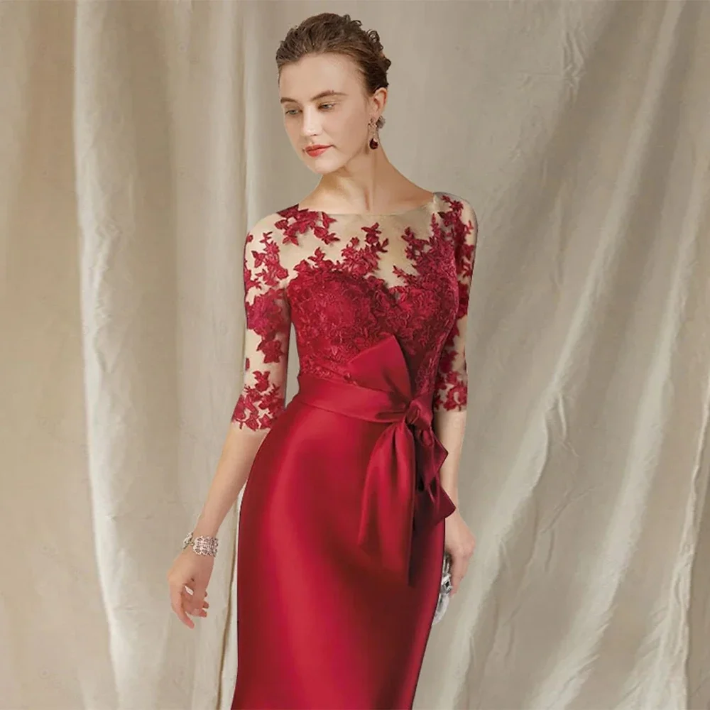 Three Quarter Red Mother of Bride Dresses for Women 2023 New Mermaid High Quality Satin Wedding Party Gown with Lace Robe De