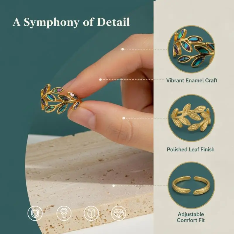 304 Stainless Steel Enameled Leaves Open Ring For Women Stylish Water Resistant Metal Adjustable Finger Rings Jewelry