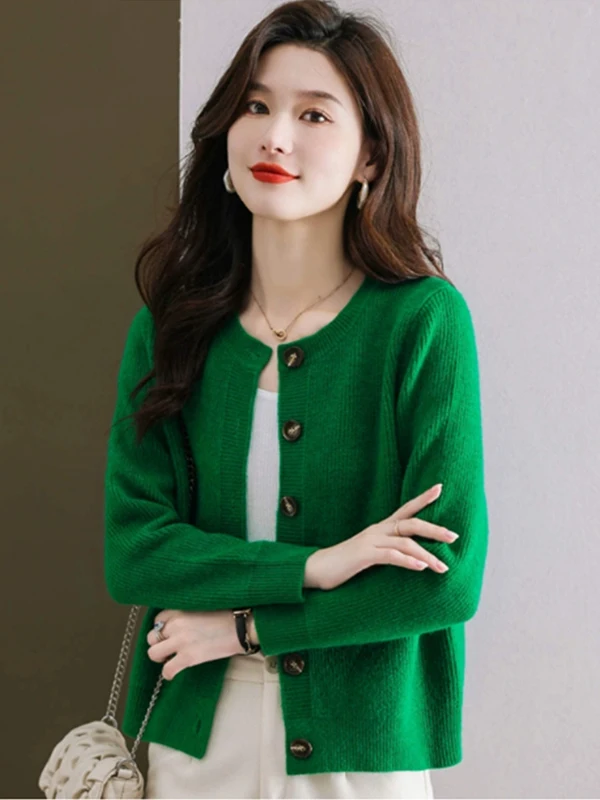 Luźny kardigan z dzianiny wełnianej dla kobiet, odzież wierzchnia na wiosnę i jesień, styl casual, do pracy, włókno poliestrowe, okrągły dekolt, długi rękaw.