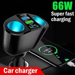 Car Cigarette Lighter 12V-24V Socket Splitter Blue Atmosphere Light PD QC3.0 2 USB Charger C Ports For Mobile Phone DVR Cha H4P2