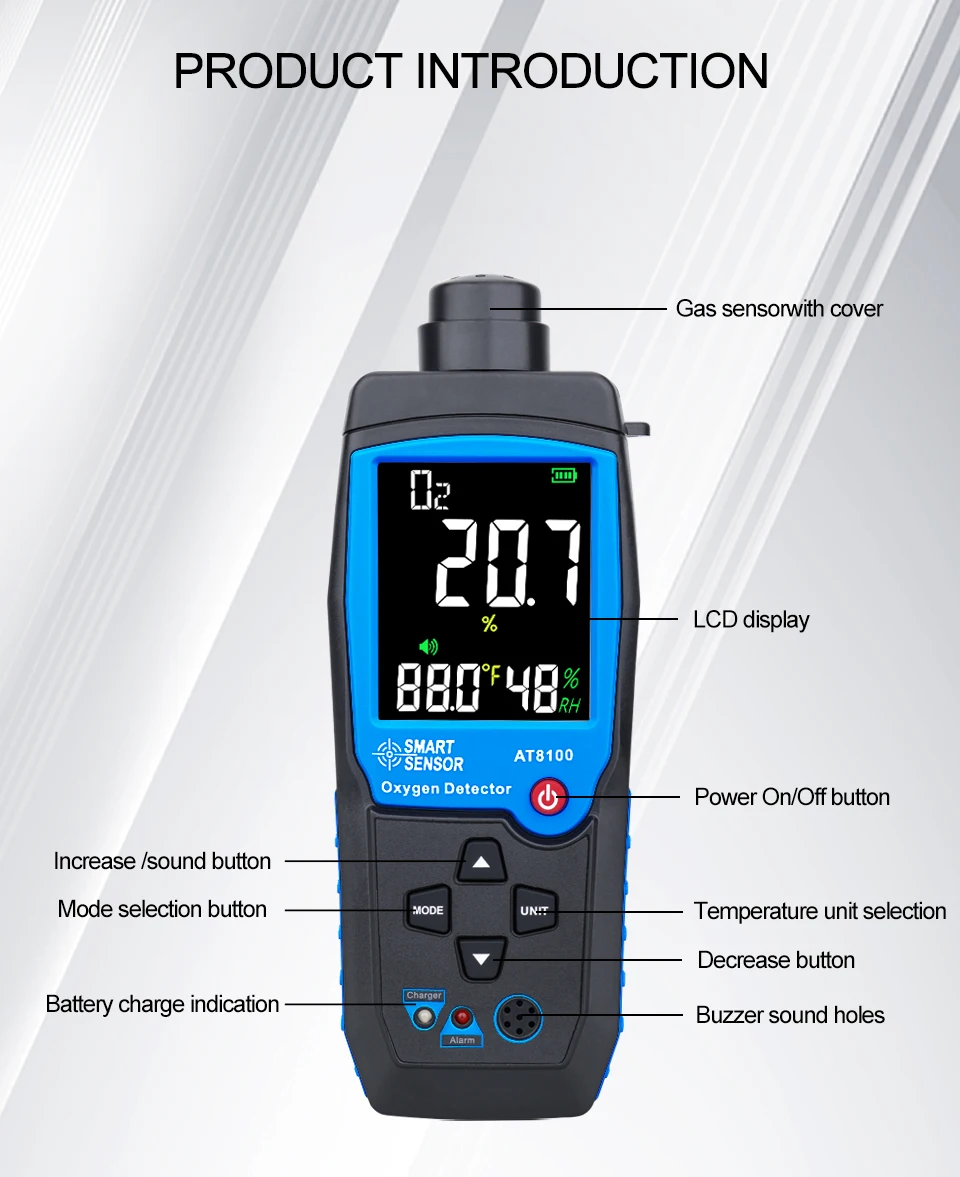 الاستشعار الذكي AT8100 كاشف الأوكسجين الرقمي USB قابلة للشحن السيارات O2 الاستشعار تستر رصد شاشة الكريستال السائل إنذار قابل للتعديل