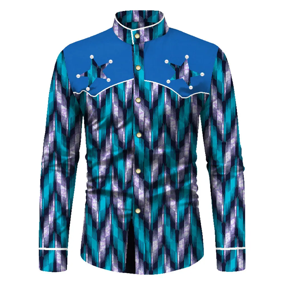 Camisa africana de manga larga para hombre, Tops de moda Bazin Riche, camisa informal con estampado africano, abrigo informal para fiesta y oficina,