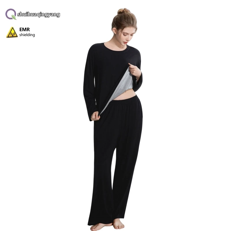 Electromagnetic radiation protective sleepwear soft skin friendly long sleeved pants, 100% silver fiber close fitting loungewear