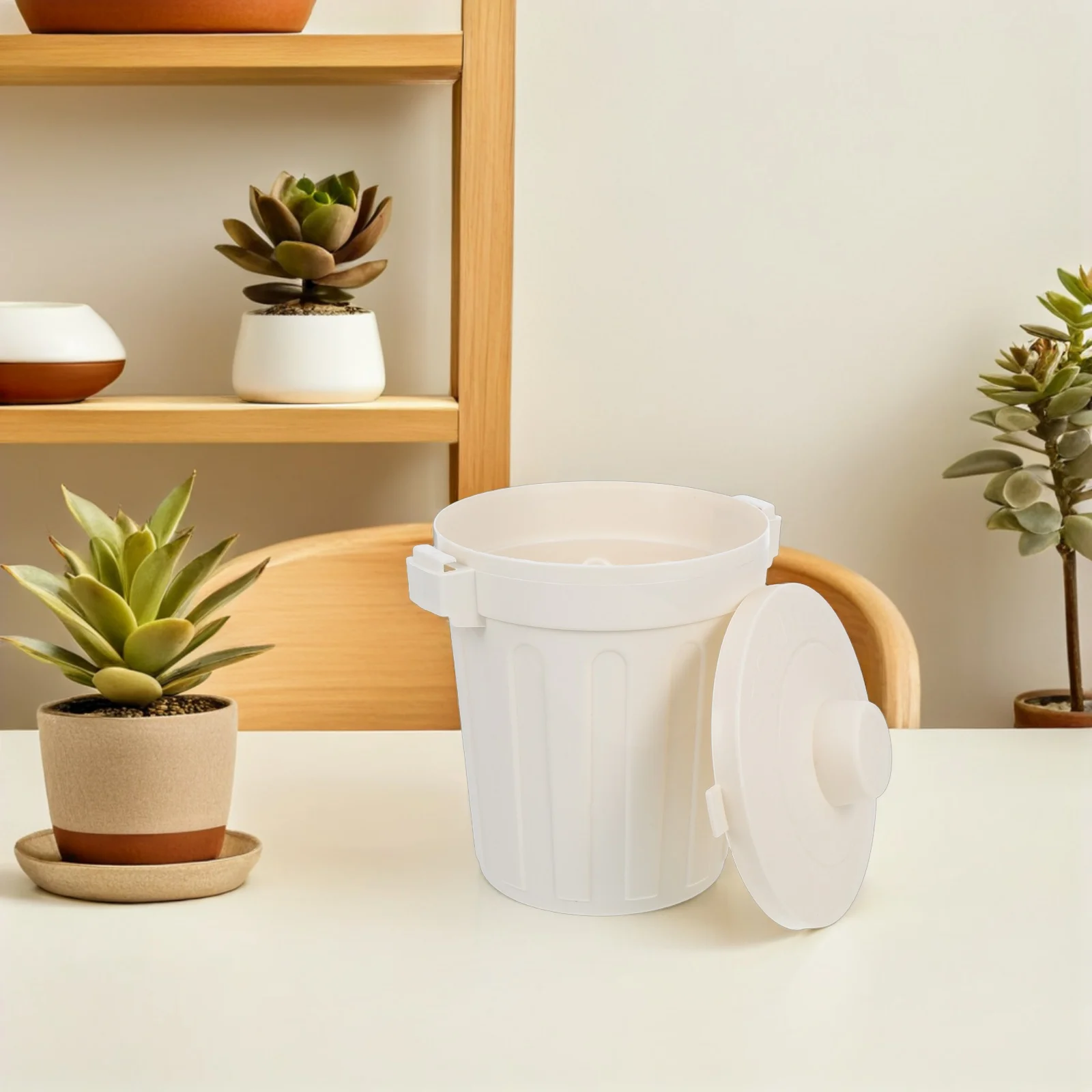 

Trash Can Pen Holder Compact Small Desk Mini Wastebasket Pencil Beige Garbage with Lid Bin Office