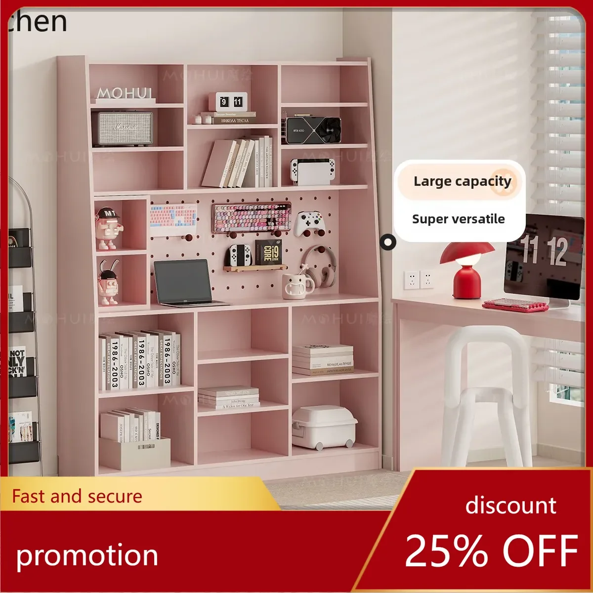 

HXL Dopamine computer desk with bookshelf integrated bookcase desk bedroom pink table double work desk