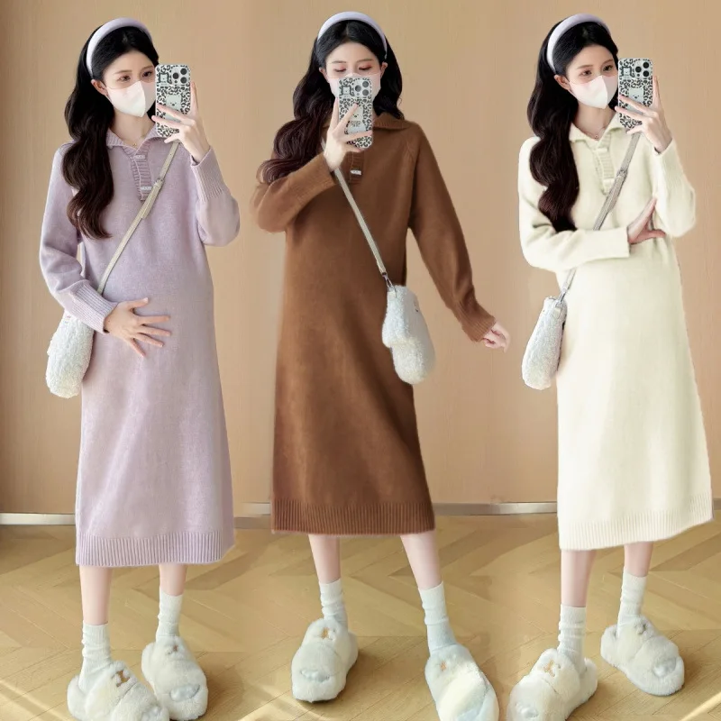 

Collar Button Maternity Dress Autumn Winter New Thick Knit Mid Length Over Knee Sweater Dress Warm Outfit for Pregnant Women