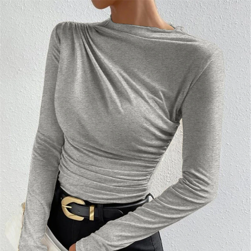 Pleating Design Long SleeveTWomen\'s Solid Color Slim Bottoming Shirt All-Matching round Neck T-shirt