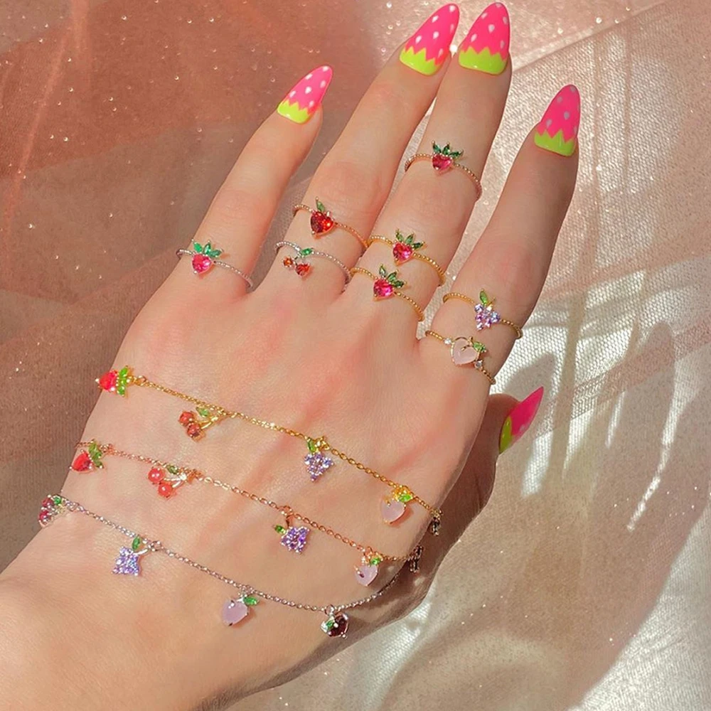 INS Colorful Zircon Cherry Peach Tropical Fruit Bracelet ForWomen Adjustable female Jewelry