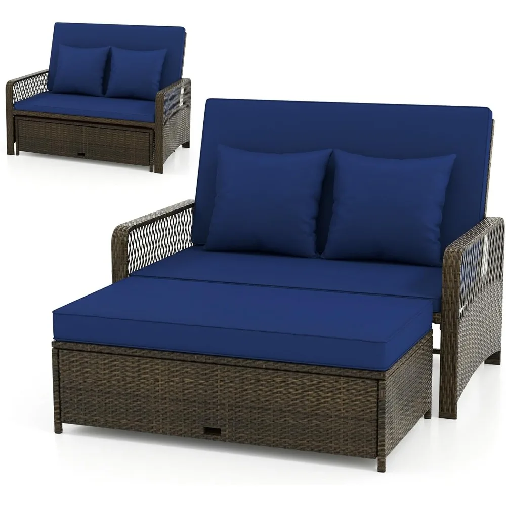 

Кушетка Moccha Outdoor, двухместный диван из ротанга с 4-уровневой регулируемой спинкой, подушками, пуфик для хранения вещей, подушки, плетеный шезлонг, 2-P