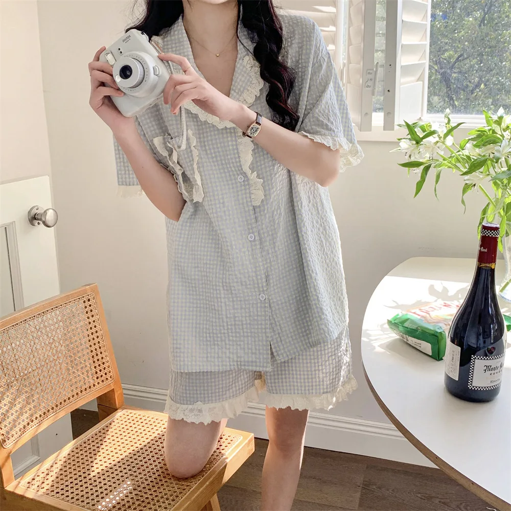 Summer Casual Plaid Pajamas Women Sweet Lace Short Sleeve Shorts Loungewear Women 2024 New ins Korean Style