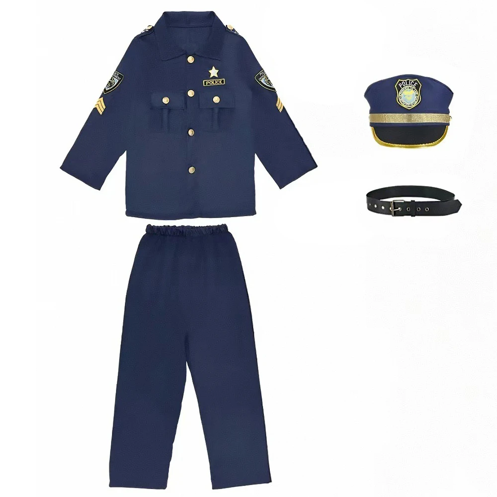 Kids Police Cosplay Costume Uniform Set Tops Pants Hat Belt Handcuffs Accessories Boys Halloween Party Cosplay Role Play Outfit view 6