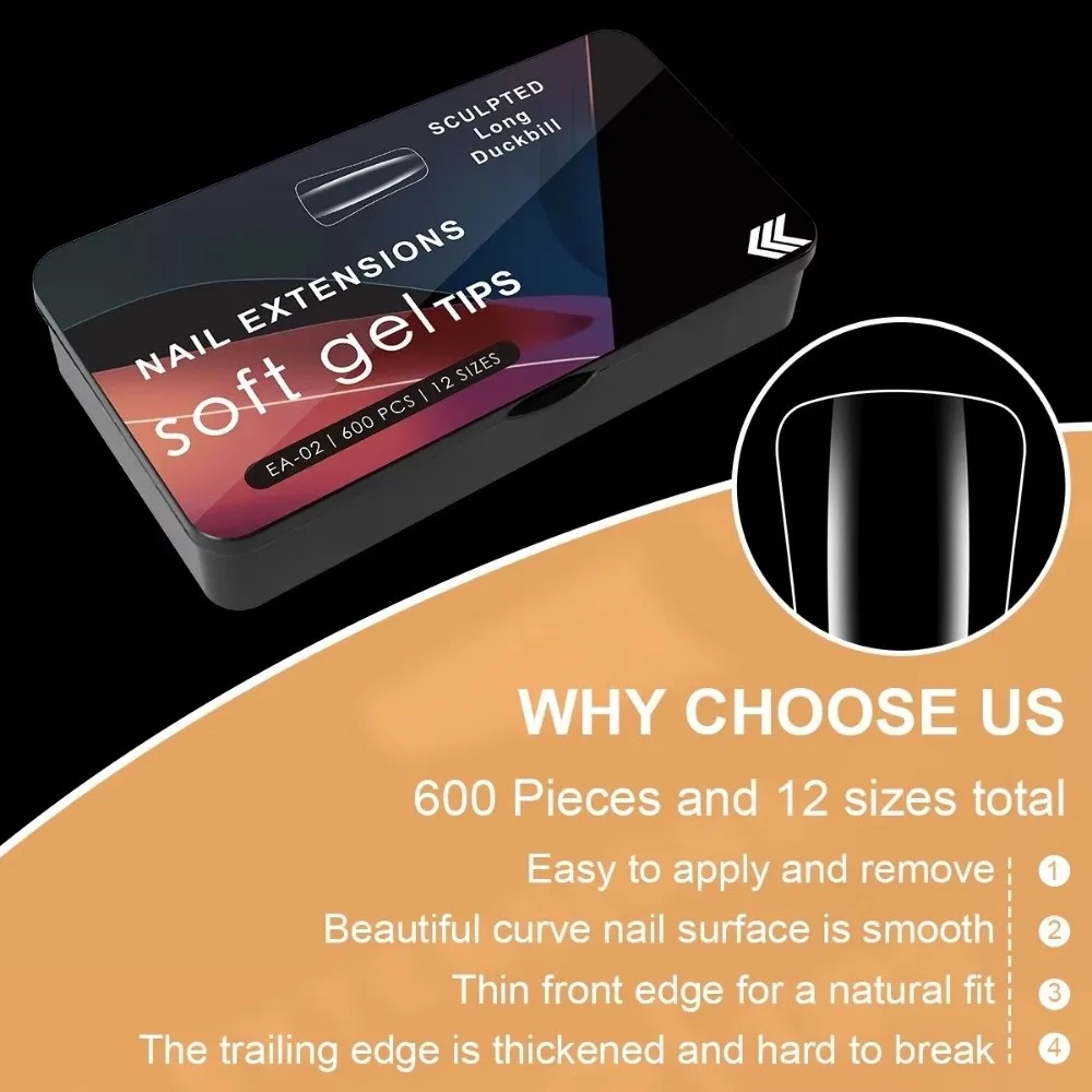 

600PCS 2025 Clear False Nails Tips Acrylic Half Full Cover Fake Nails Duckbill Shaped Gel Nail Tips Manicure Tools