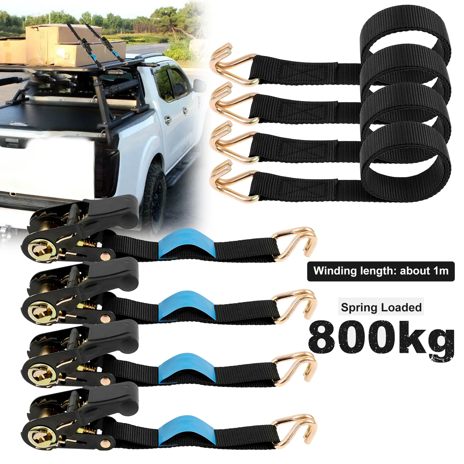 

4Pcs Ratchet Strap Tie Down Kit 800lb Break Strength with Safety S Hooks+Soft Loop Tie-Downs for Trucks, Cargo, Motorcycle,