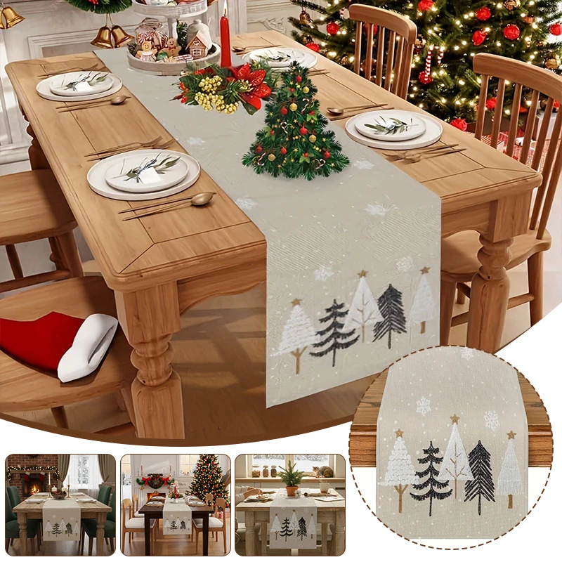 

Christmas Table Runner Beige Brown Winter Scene with Pine Trees Snowflakes Stars Festive Holiday Table Decoration
