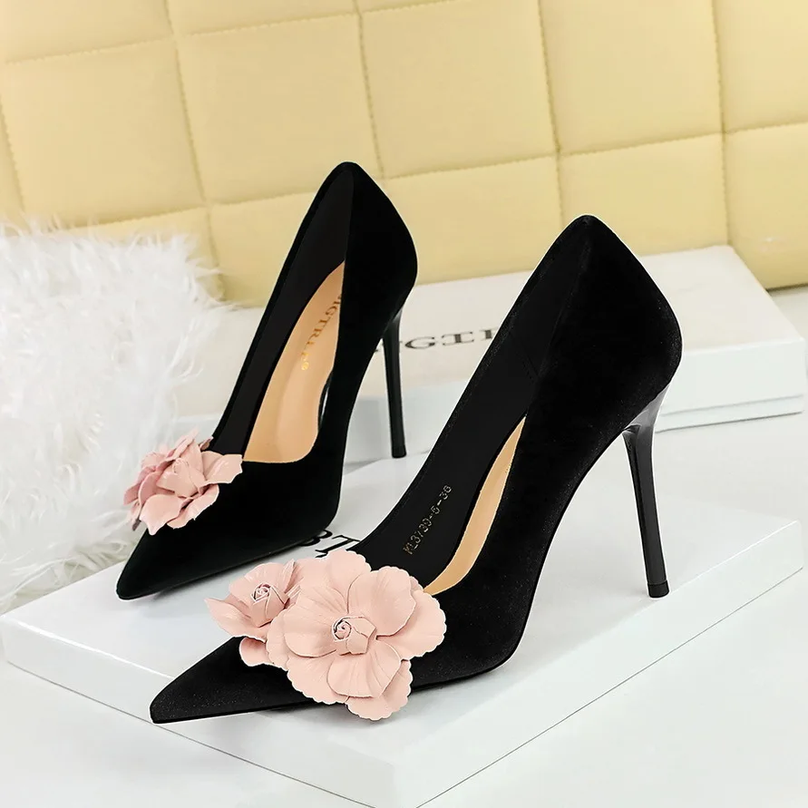 New Style Banquet With Thin Heels Suede Light Mouthed Pointed Color Blocked Flower Single Shoes For Women Pumps туфли женские