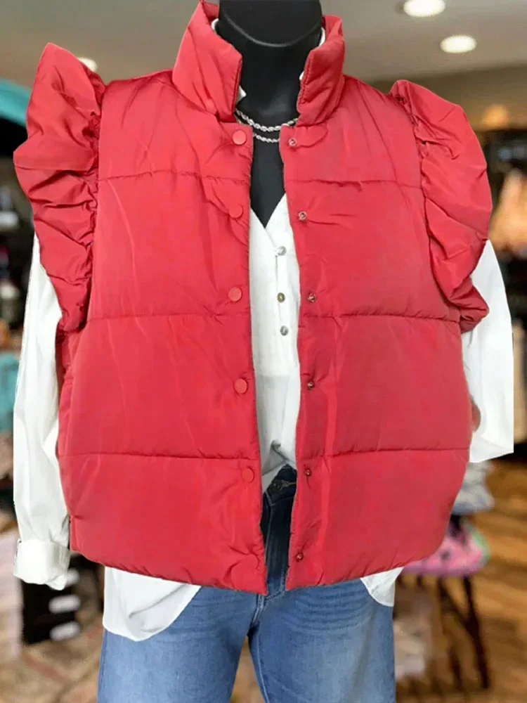 

Casual Quilted Ruffle Vest Buttons Collar Vest Solid Pocket Lightweight Vest Outerwear For Fall & Winter Women's Clothing