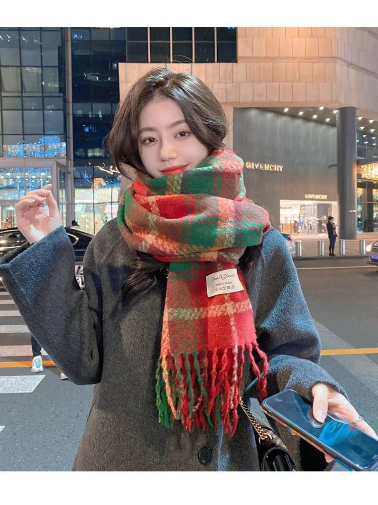 Atmosphere Red Christmas Plaid Scarf New Korean Style Winter Warm Versatile Student Neck Warmer, Retro Color Contrast Check Eleg
