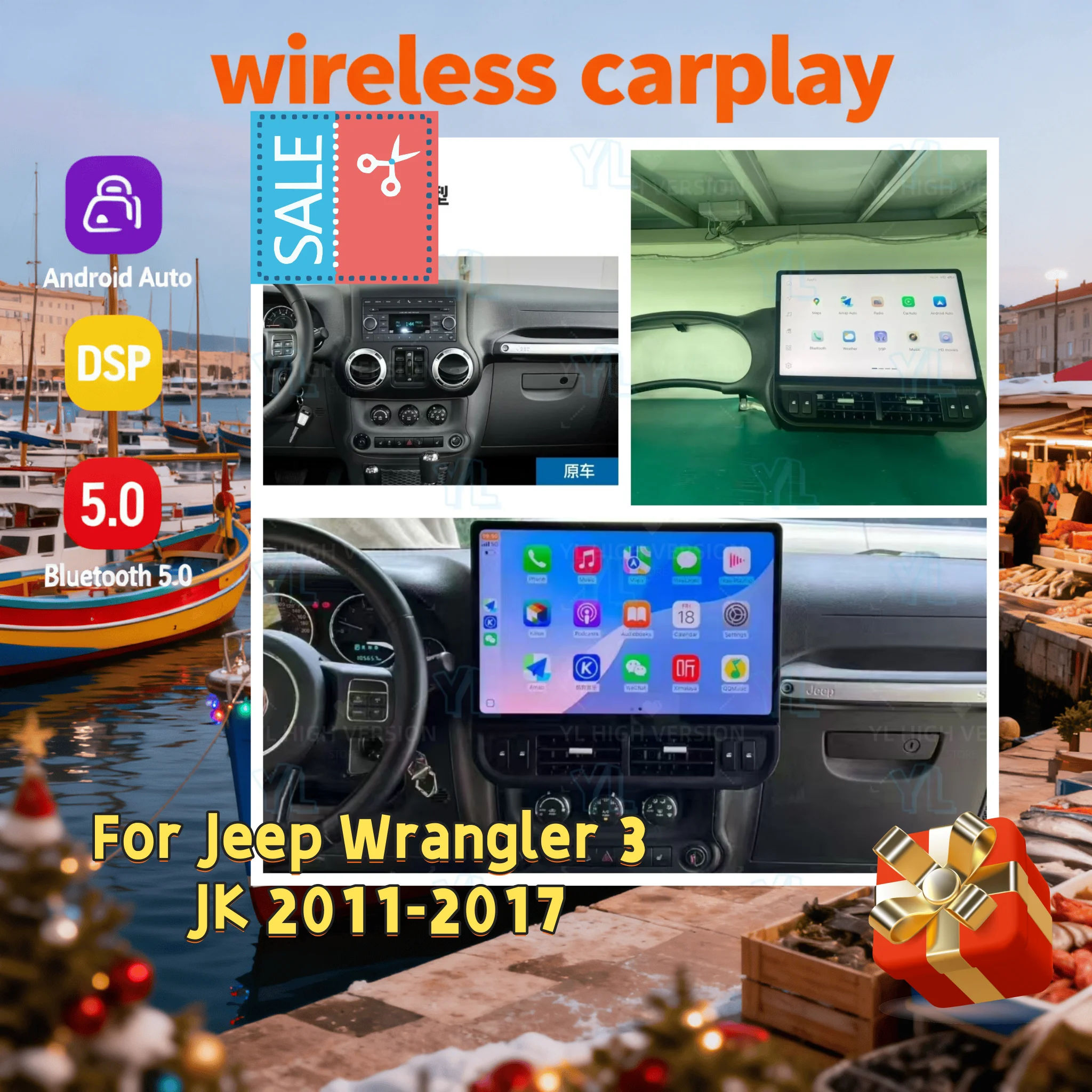 

Беспроводной CarPlay 16.8 дюймов для Jeep Wrangler 2011-2017, Android-экран с сенсорным управлением, мультимедийная система, автомобильная магнитола, GPS, головное устройство, BT 5.0, DSP