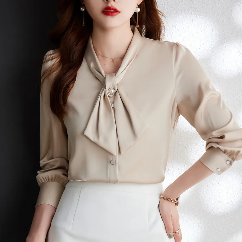 Green Aacetate Satin Shirt Women Fashion Design Bow Collar Professional Autumn New Long Sleeve Blouses Office Ladies Work Tops