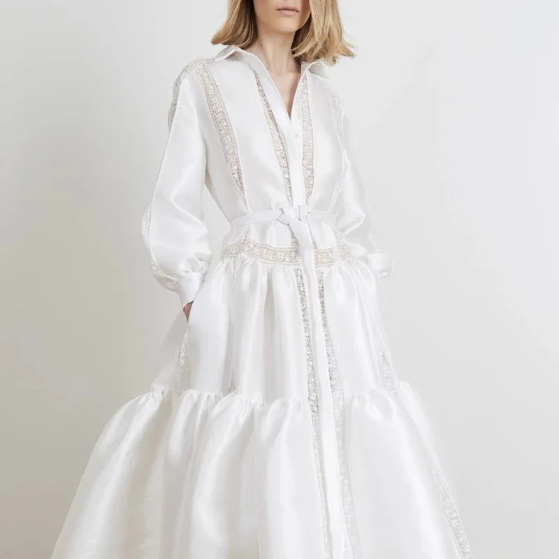 Women White Lace-up Shirt Dresses Satin Lapel Button Pleated Ruffle Hem Midi Dress Elegant Lace Patchwork Long Dresses Spring