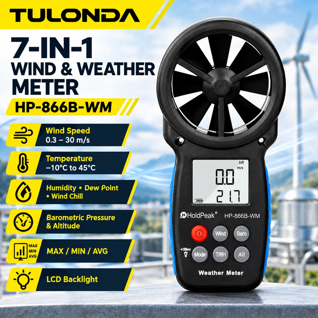 7-in-1 Wind & Weather Meter with Barometer, Altitude, Humidity Dew Point and Wind Chill 866B Digital Anemometer Outdoor