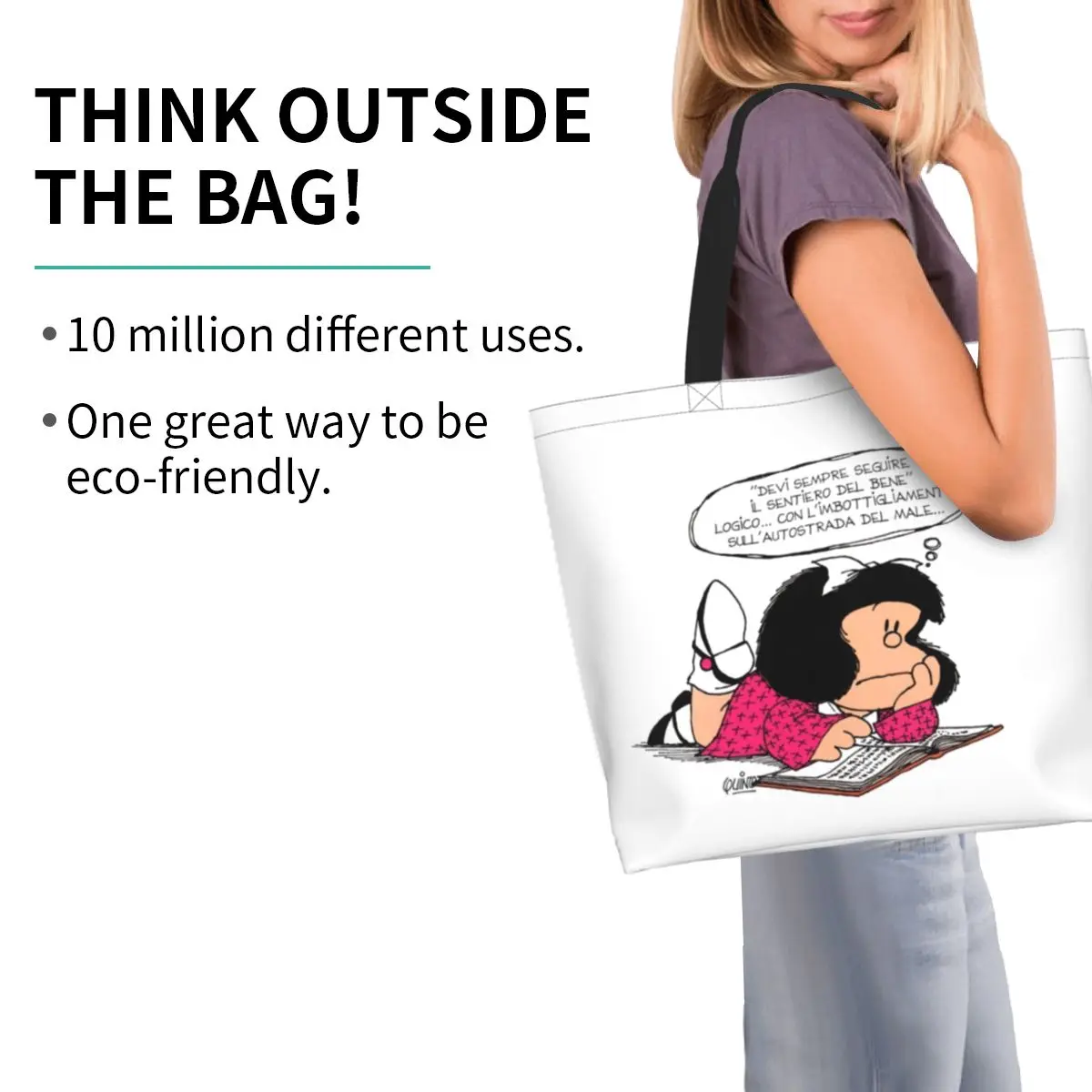 Custom Recycling Cute Mafalda Is Reading Shopping Bag CanvasTote Bag Durable Quino Comic Cartoon Groceries Shopper Bags