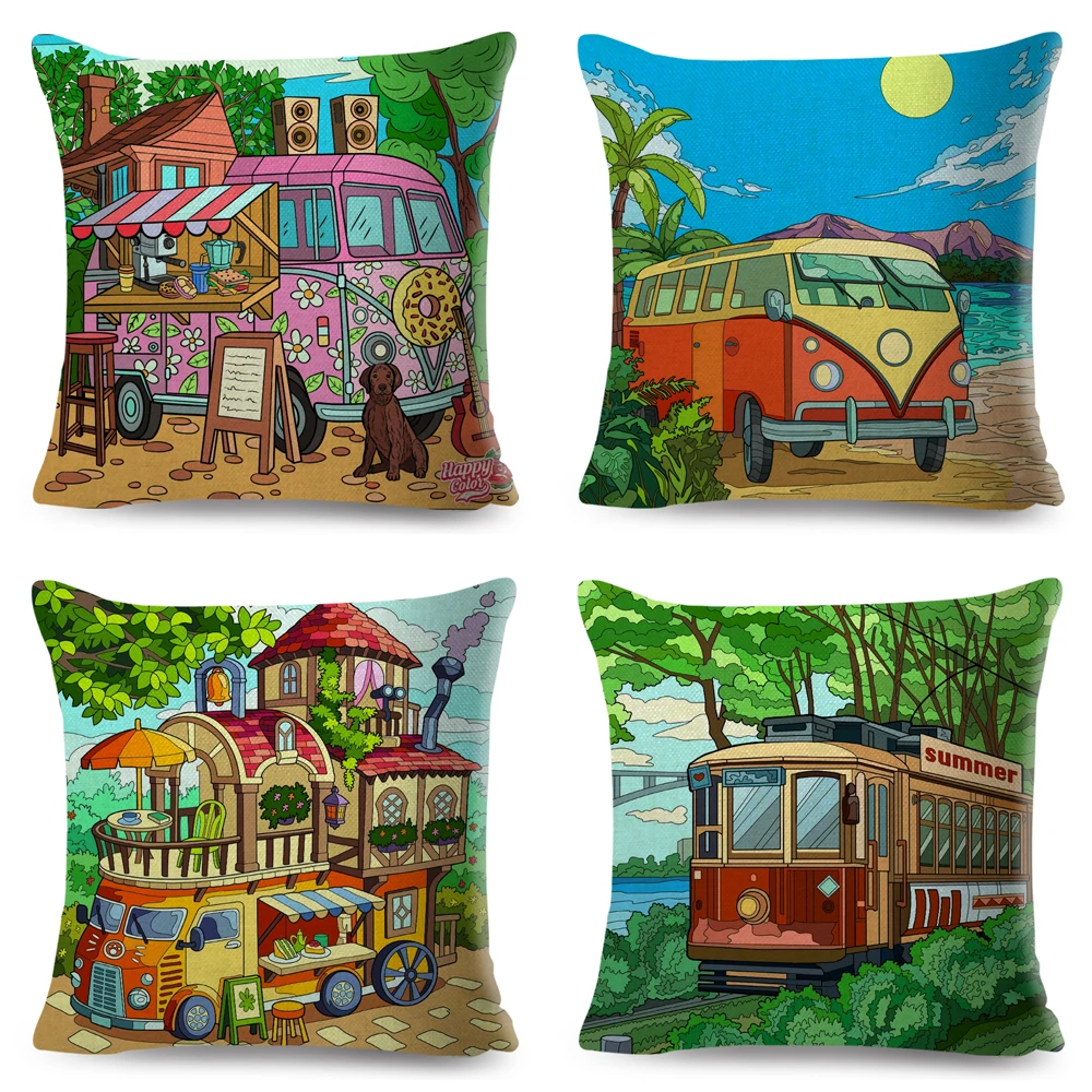 Colorful Cartoon Camper Pillow Case Decor House Travel Car Cushion Cover for Sofa Home Children Room Throw Pillowcase 45x45cm