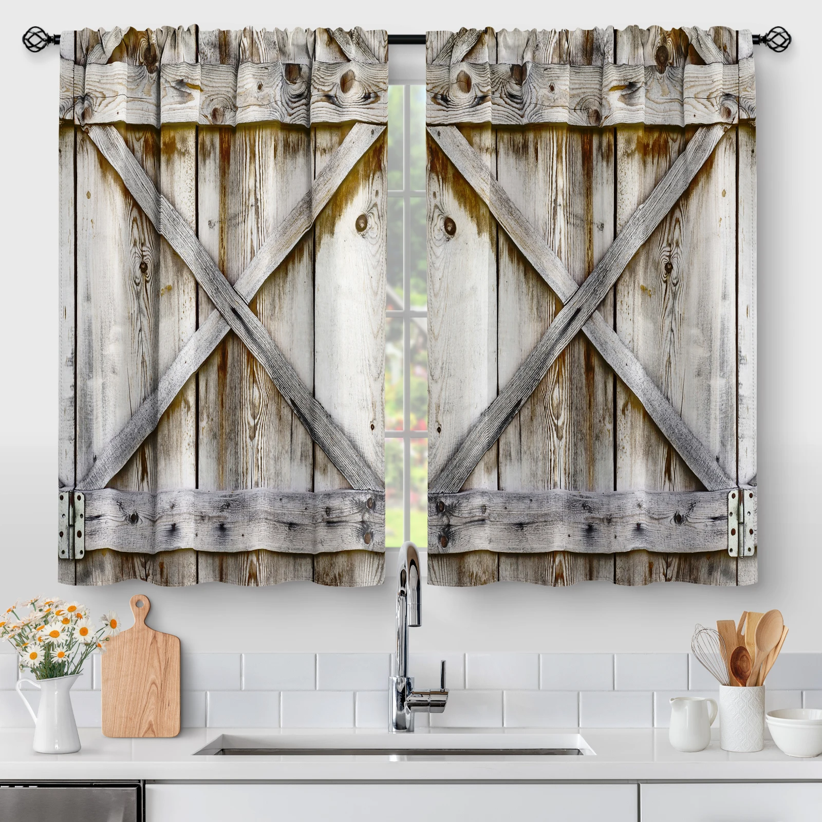 2 Panel Farmhouse Country Wood Kitchen Curtains, Wooden Barn Door Vintage Short Tier Curtains Over Sink Natural Rustic Curtains