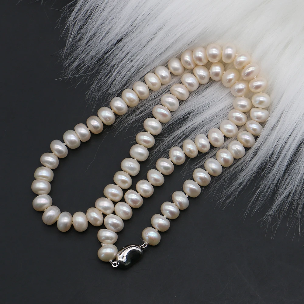 

New Fashion White Natural Freshwater Pearl Necklace Flat Shape Straight Hole Threaded Pearls Jewelry Gifts for Women 7-8mm
