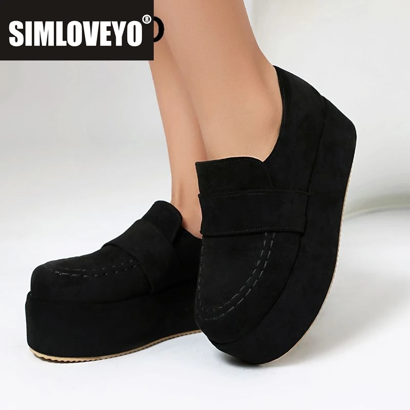 

SIMLOVEYO 2025 Женские туфли-лодочки для отдыха из флока, замша, с круглым носком, на толстом каблуке 5 см, на платформе Hill, большие размеры 43, 44 45, повседневная обувь без шнуровки