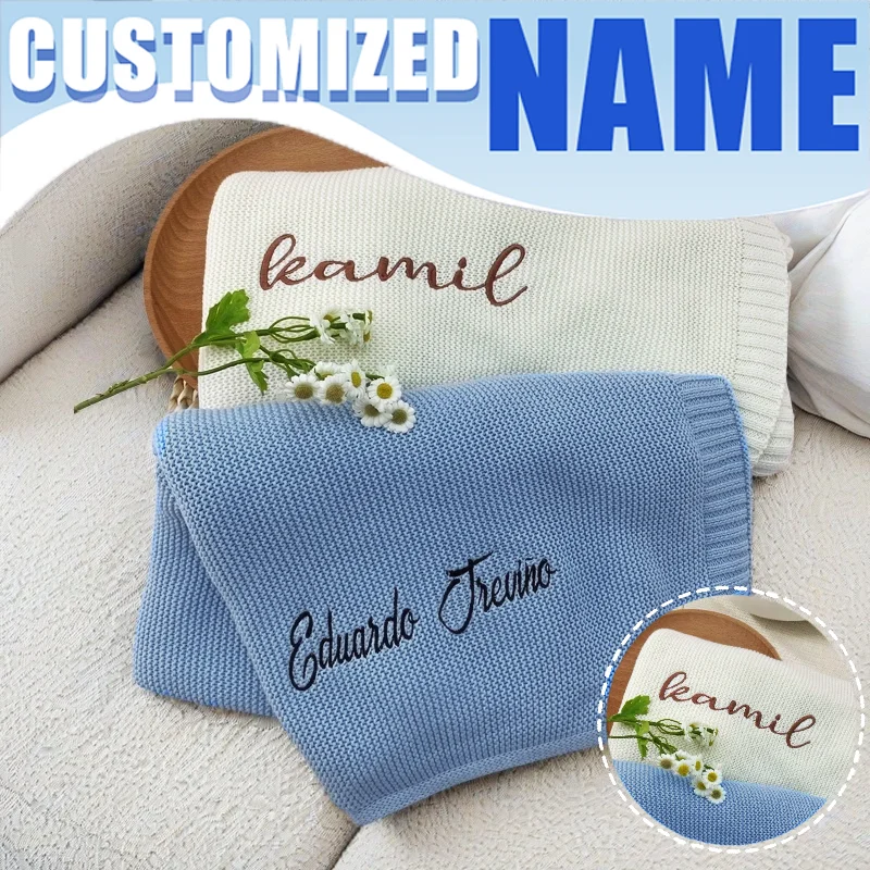 Custom Knitted Baby Blanket Personalized Name Newborn Swaddle Wrap Thermal Insulated Stroller Blanket Baby Shower Gift for Winte