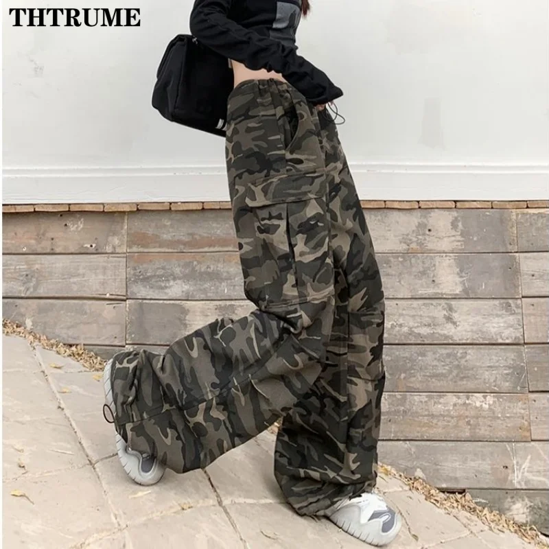 Spring High Waist Drawstring Cargo Pants Fashion Women Pocket Oversized Baggy Pant Casual Streetwear Camouflage Retro Trousers