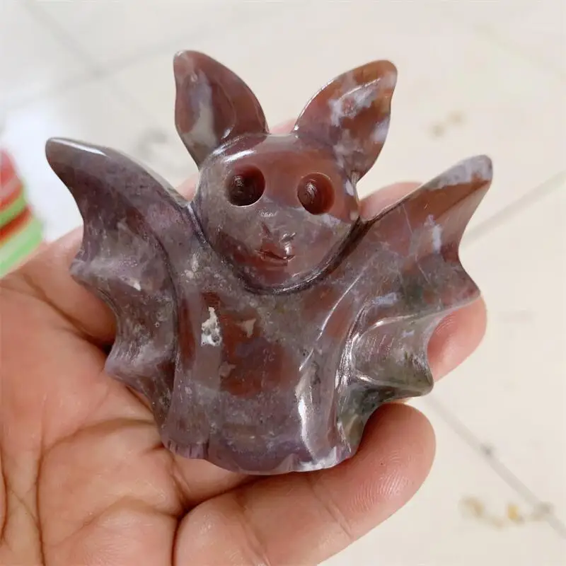 

Natural Ocean Jasper Halloween Bat Carving Healing Crystals Carving Halloween Gift Home Decoration 1PCS