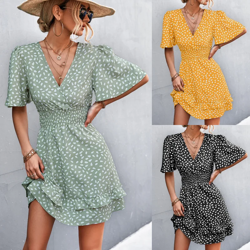 Women Dot Pattern Dress V-neck Ruffle Sleeve Dress Casual Street Sexy Style Dress Waist Wrap Dress Women Summer Dress