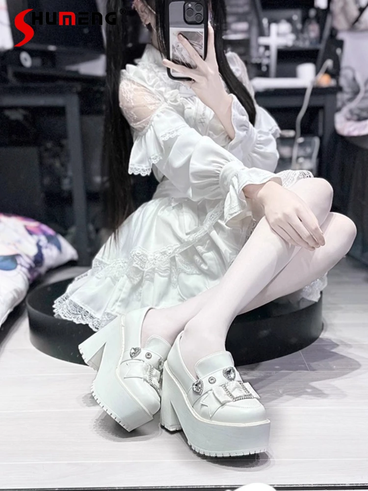 

Original Japanese Mines Style Subculture Thick-Soled Loafers Heart Diamond Elegant Sweet High Heels Pumps For Women Lolita Shoes