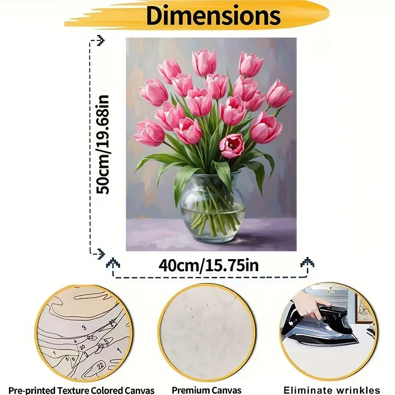 (Professional Art Use) Digital Oil Painting Pink Tulip Vase 1pc an Adult Paint by Numbers Kit, Including Acrylic Paints, Canvas,