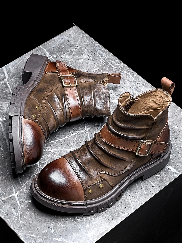 Handmade Trendy Buckle Belt Punk Motorcycle Boots Men's Genuine Leather British Style Cowhide High End Wrinkle Shoes