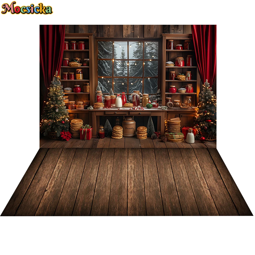 

Mocsicka Winter Christmas Kitchen Photography Background Cook Window Xmas Trees Kids Family Portrait Decor Backdrop Photo Studio