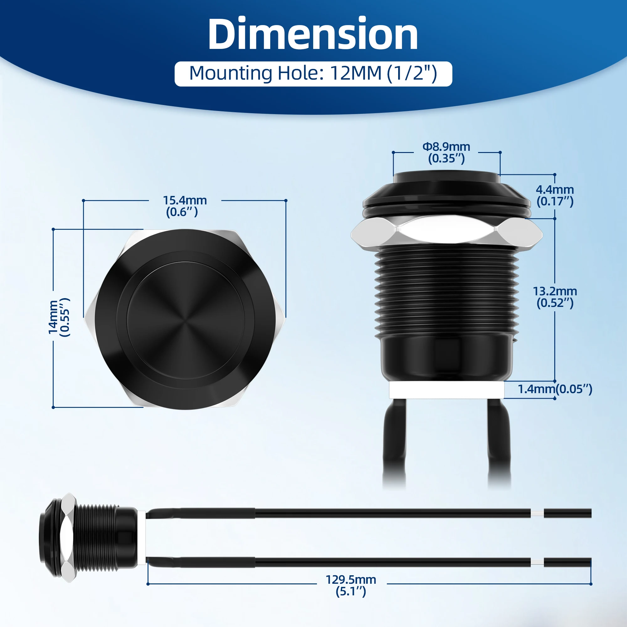 6PCS 12mm Momentary Push Button Switch 12V Black Waterproof Pushbutton Switch 2 Pin Pre-Wired Normally Open for Automotive Car