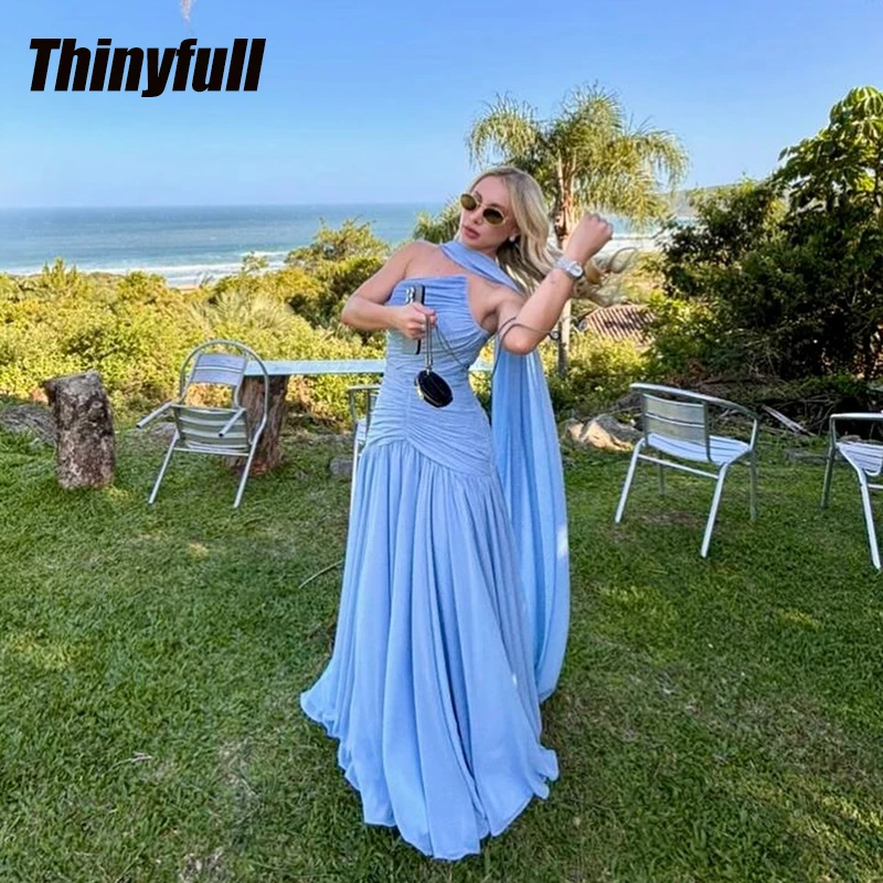 ชุดราตรีผ้าชีฟองทรงเมอร์เมดแบบบางเบา แขนกุด จับจีบ สไตล์วันหยุด ปี 2026 ชุดราตรียาวแบบดูไบ  รับตัดตามสั่ง