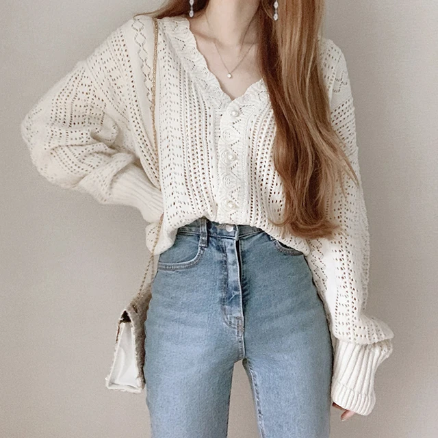 Pointelle Knit Cardigan Women\'s Semi Sheer V-neck Long Sleeve Pearl Button Down Sweater Jacket Teen-girl Fairycore Outfit