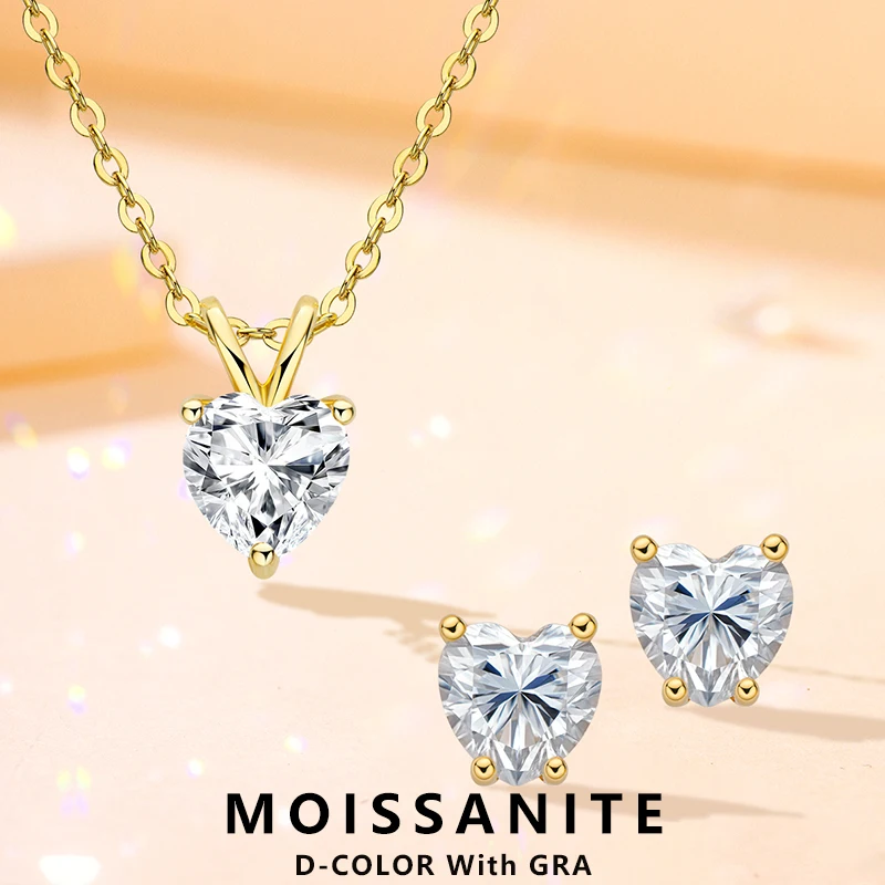 

Lnngy Heart Shape Moissanite Pendant Earrings Necklace Certified 925 Sterling Silver Necklaces Earring Jewelry Set For Women