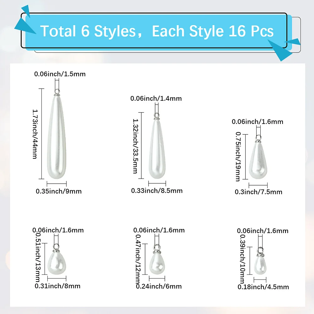 1 Box 96Pcs 6 Styles Pearl Teardrop Charms Dangle Pearl Charms with Iron Loop Silver Plastic Tear Drop Beads Pendants Findings