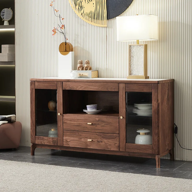 

North American black walnut dining side cabinet New Chinese living room Multifunctional tea Shelf Solid wood rock slab locker