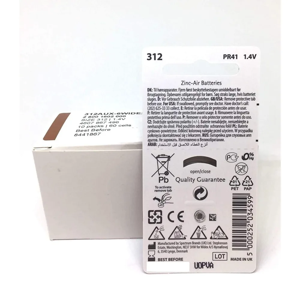 Widex hearing aid battery Size 312 (PR41) (10 packs = 60 batteries)