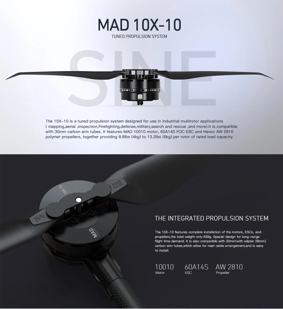 مجموعة ذراع الطائرة بدون طيار MAD 10X-10 120KV M10 محرك متكامل عالي الكفاءة + Esc + مجموعة ذراع كومبو للدفع بدون طيار
