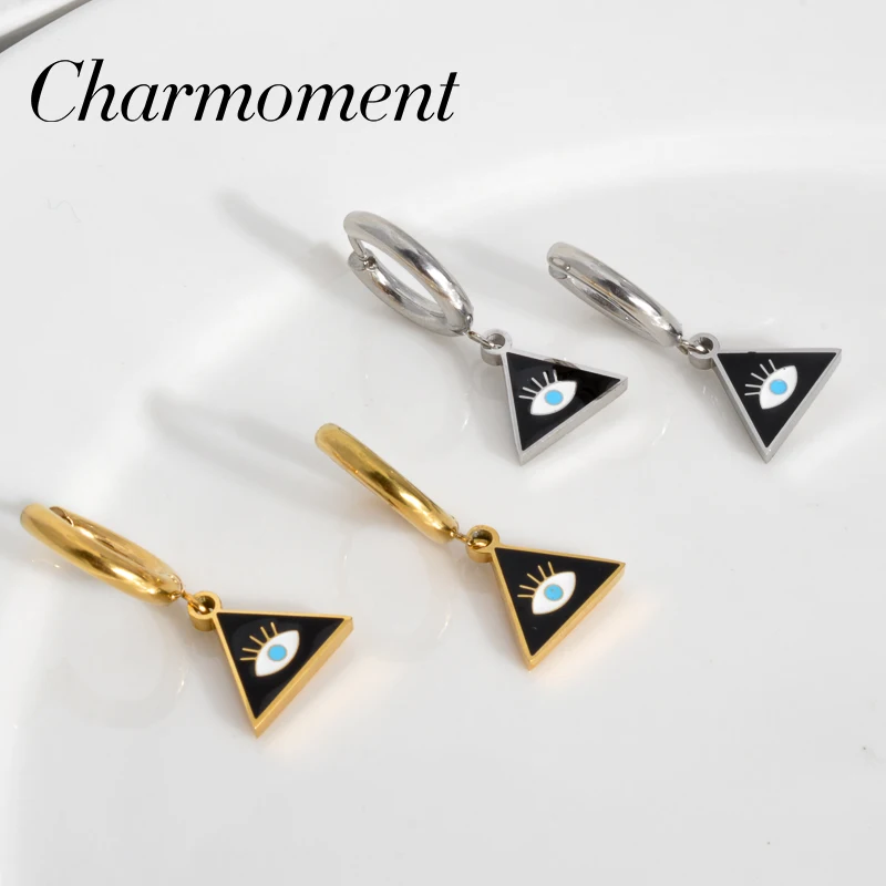 CHARMOMENT Hanging Gold Silver Color Pendant Beauty Jewelry Earings for Womens Stainless Steel Triangle Evil Eye Dangle Jewelery